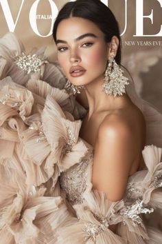 Woman in a ruffled strapless dress with sparkling jewelry, featured on a magazine cover