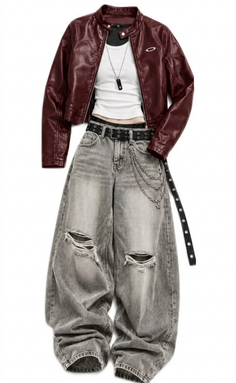 A casual outfit featuring a red leather jacket, white crop top, and ripped baggy jeans