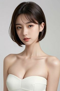 Woman with short hair wearing a strapless top, showing cleavage and shoulders