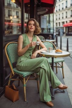 Woman in a green suit sitting at an outdoor cafe table with a croissant