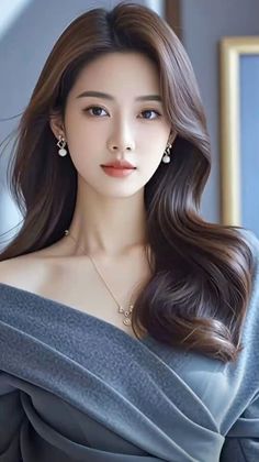 Woman with long brown hair wearing an off-shoulder top and jewelry