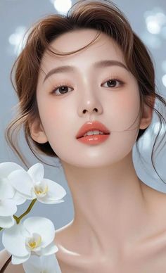 Woman with brown hair and soft makeup, holding a white orchid