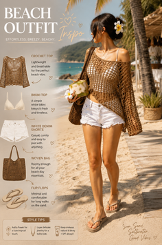 Woman in a crochet top and white shorts on a beach, holding a coconut