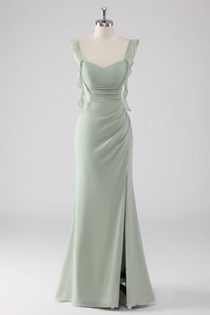 Sage green maxi dress with ruffle straps and a high slit on a mannequin