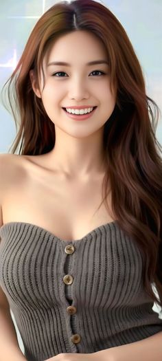 Smiling woman with long brown hair wearing a strapless top