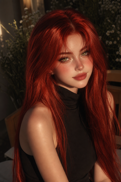 Woman with long red hair and green eyes wearing a black top, with soft lighting