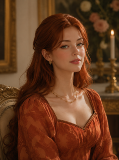 Woman with long red hair in historical clothing and gold jewelry