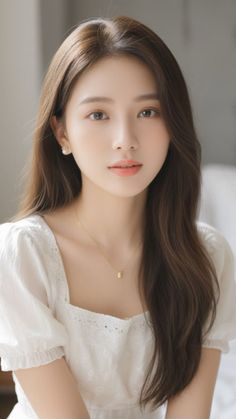 Woman with long brown hair wearing a white dress and pearl earrings