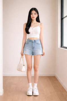 Woman in a white crop top and denim shorts holding a white handbag indoors
