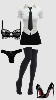 A set of clothing including lingerie, a shirt, skirt, socks, and high heels