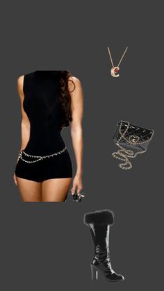 Woman in a black romper with a chain belt, boots, and accessories
