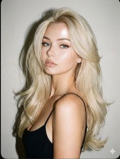 Blonde woman with blue eyes wearing a black camisole and earrings