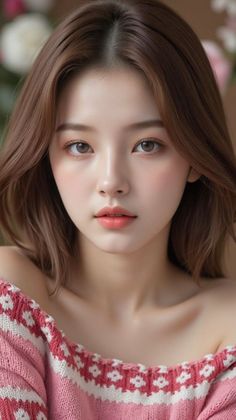 Woman with long brown hair wearing an off-shoulder pink knitted top
