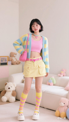 Woman in a pastel striped cardigan and yellow mini skirt with a pink handbag