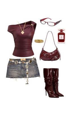 Fashion flat lay featuring a maroon top, denim skirt, and accessories