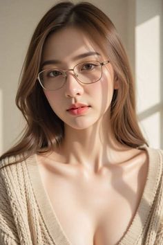 Woman with long hair and glasses wearing a knitted sweater with cleavage