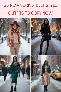 Four women in various winter street style outfits in a snowy city environment