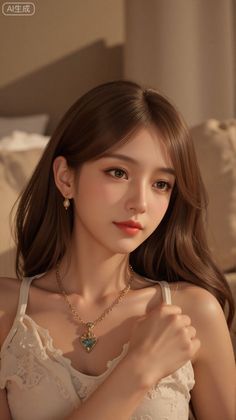 Woman with long brown hair wearing a white top and jewelry