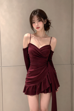 Woman in a burgundy off-shoulder dress with an updo hairstyle