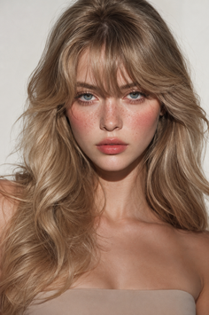 Woman with blonde hair and freckles looking directly at the viewer