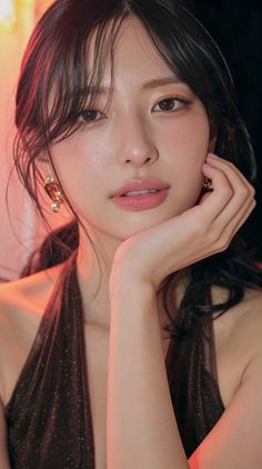 Woman with long dark hair wearing a sparkly top and gold earrings