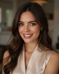 Woman with long brown hair smiling in a soft-lit indoor setting