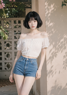 Woman with short black hair wearing an off-shoulder top and denim shorts outdoors
