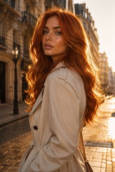 Woman with long red hair in a trench coat on a sunlit street at golden hour