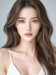 Woman with long wavy brown hair wearing a white top, looking directly at the viewer
