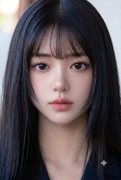 Close-up portrait of a woman with long black hair and bangs