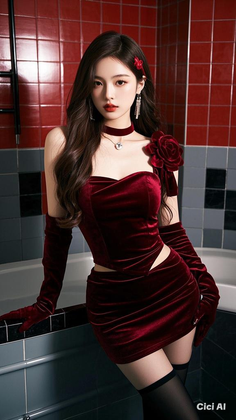 Woman in a red velvet dress and long gloves posing indoors