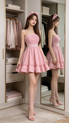 Woman in a pink dress and headband standing in front of a wardrobe and mirror