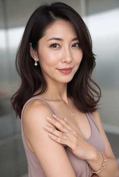Woman with long dark hair wearing jewelry and a light purple top