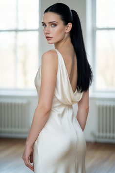Woman in a cream satin dress with a draped back, looking over her shoulder