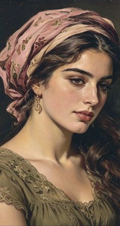 Woman with a pink headscarf and green dress in a portrait illustration