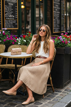 Woman in a pleated skirt and sunglasses sitting at an outdoor cafe