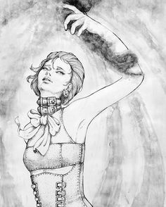Illustration of a woman in a corset and choker with her arm raised