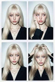 Woman with blonde hair and bangs in a black shirt, shown in four different poses