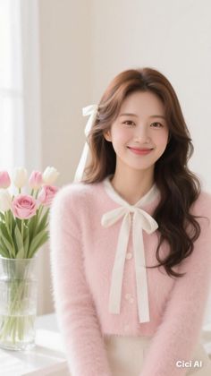 Smiling woman with long wavy hair wearing a pink cardigan with a white ribbon