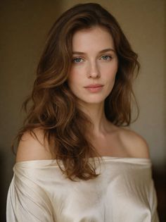 Woman with long wavy hair and blue eyes wearing an off-shoulder top