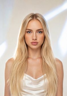 Woman with long blonde hair and blue eyes wearing a satin top