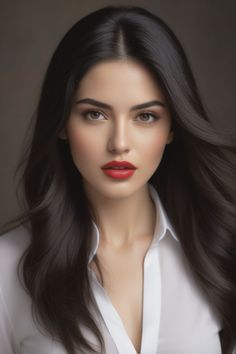 Woman with long black hair and red lipstick wearing a white shirt