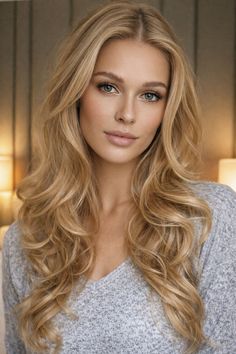 Woman with long blonde wavy hair and blue eyes wearing a grey sweater indoors