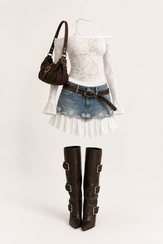 A complete outfit featuring a white lace top, denim skirt, and brown boots