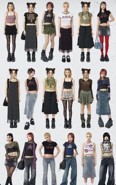 Multiple women showcasing various alternative fashion outfits in a studio setting