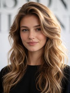 Woman with long wavy blonde hair and green eyes in a soft-lit portrait