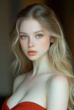 Blonde woman with green eyes wearing a red top with exposed shoulders and cleavage