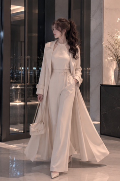Woman in a long coat and jumpsuit with a ponytail indoors