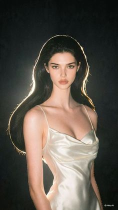 Woman with long black hair in a white slip dress with backlight