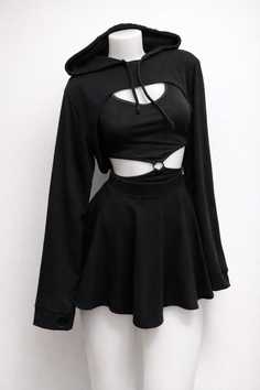 Black cropped hoodie and mini skirt set on a white mannequin
